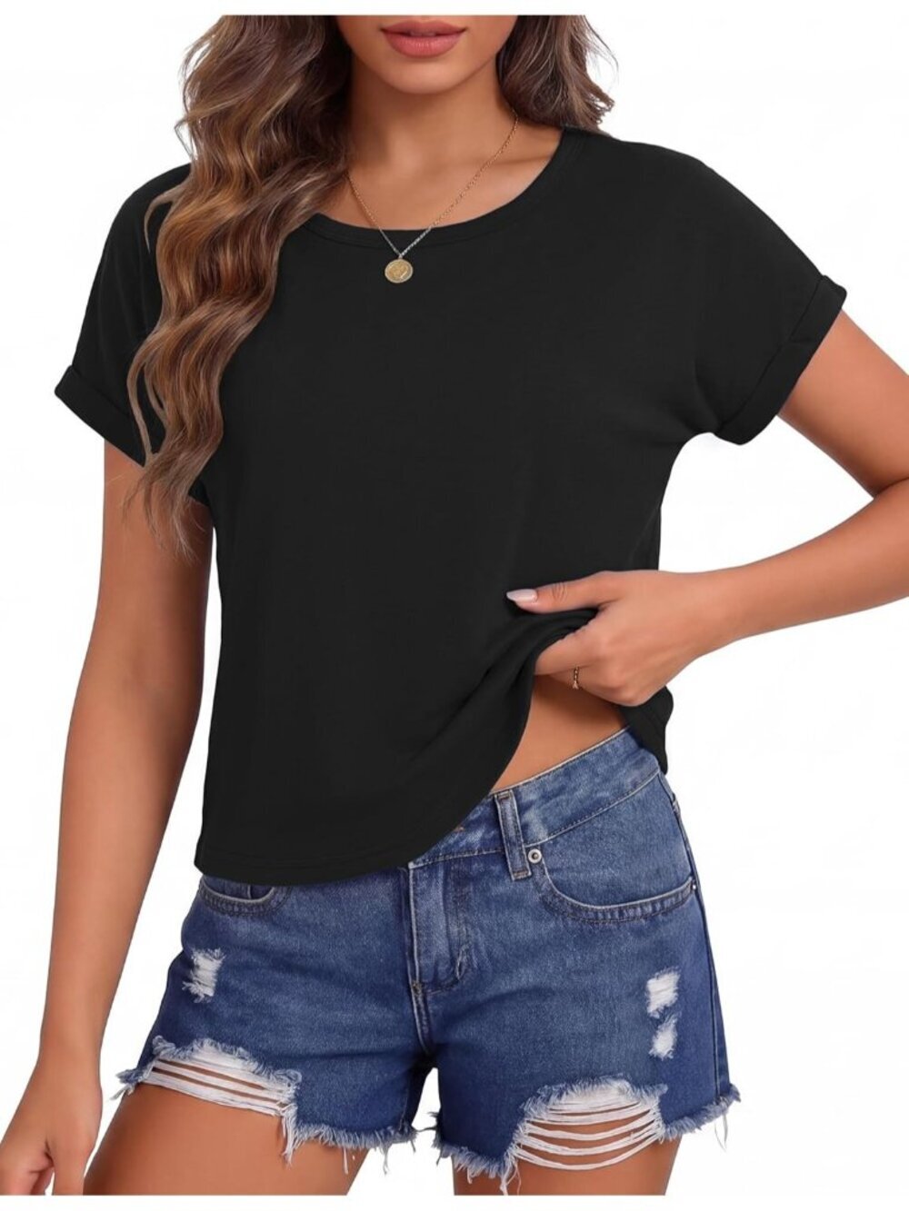〽️Women's Black Roll Short Sleeve Crewneck Loose Fit Boxy Pull On Crop Tops - Picture 2 of 5
